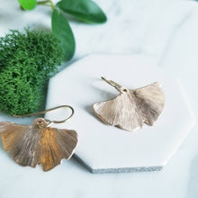 Load image into Gallery viewer, Bronze and Yellow GF Gingko Leaves Dangle Earrings
