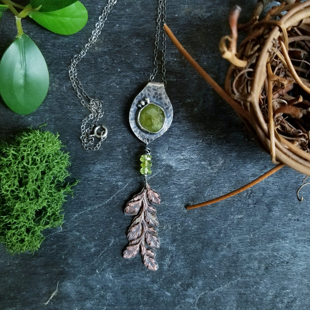 Forest Flora- Green Vessonite, Copper Fern, Sterling Silver Peridot Necklace