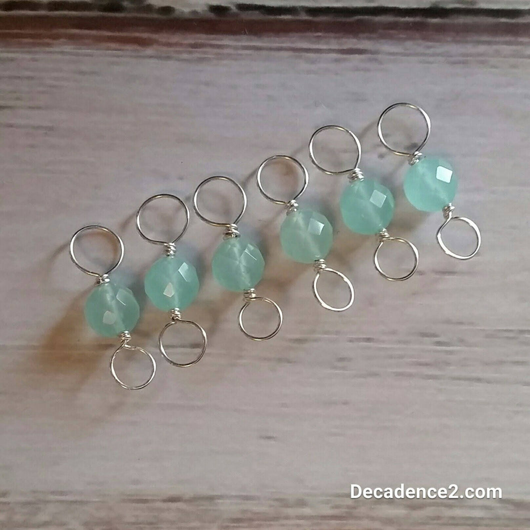 Seafoam Green Quartz, Sterling Silver Double Ended Stitch Markers- Set of 6