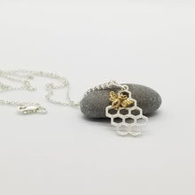 Load image into Gallery viewer, Sterling silver honeycomb necklace,  bronze bee necklace, silver charm
