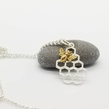 Load image into Gallery viewer, Sterling silver honeycomb necklace,  bronze bee necklace, silver charm
