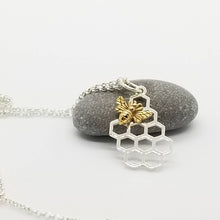 Load image into Gallery viewer, Sterling silver honeycomb necklace,  bronze bee necklace, silver charm
