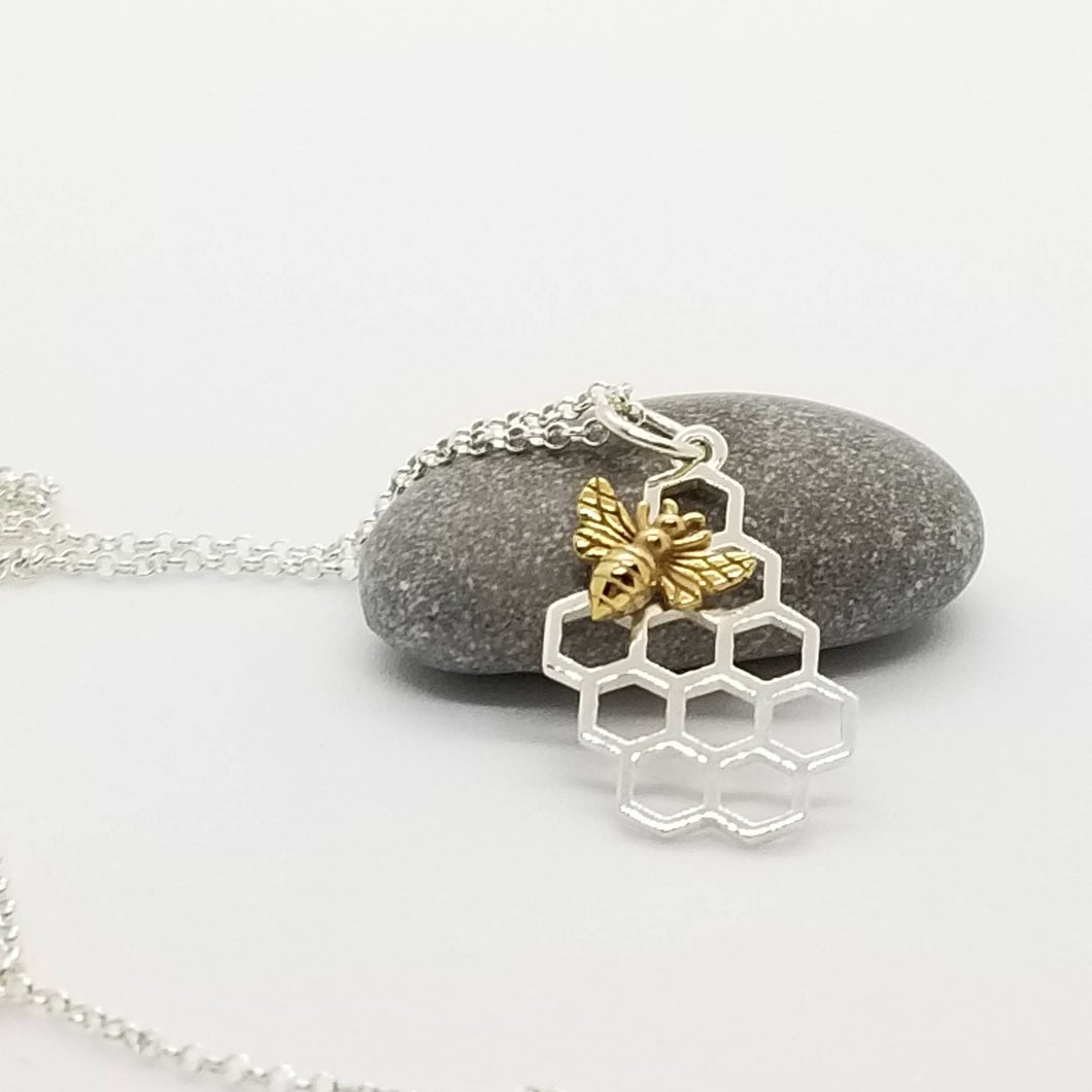 Sterling silver honeycomb necklace,  bronze bee necklace, silver charm