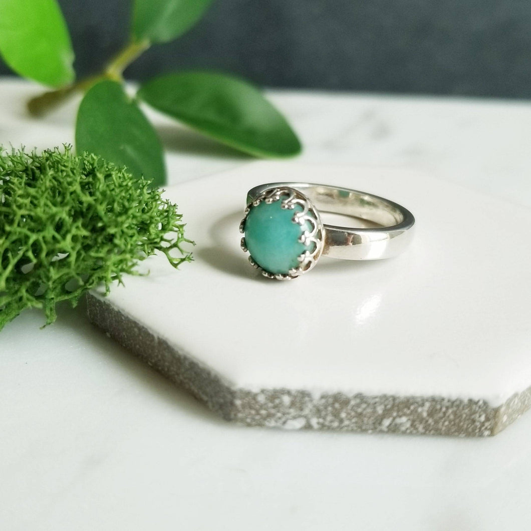 Aqua Blue Amazonite & Sterling Silver Crown Ring