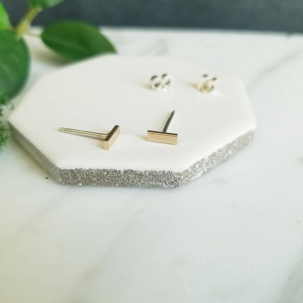 14K Solid Gold Bar Studs, Sterling Silver Posts