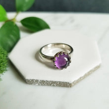 Load image into Gallery viewer, Purple Amethyst &amp; Sterling Silver Crown Ring size 6.5 US
