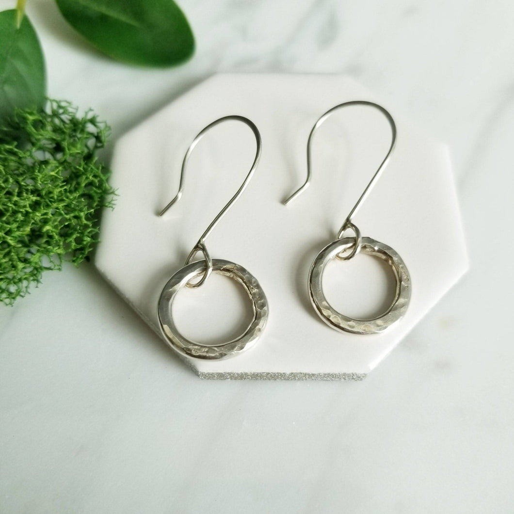 Rustic Sterling Silver Circle Drop Earrings Oxidized or Polished