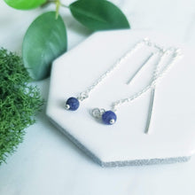 Load image into Gallery viewer, Sterling Silver and faceted Blue Sapphire Threader Earrings, Chain Earrings
