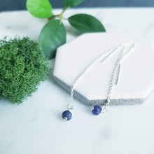 Load image into Gallery viewer, Sterling Silver and faceted Blue Sapphire Threader Earrings, Chain Earrings
