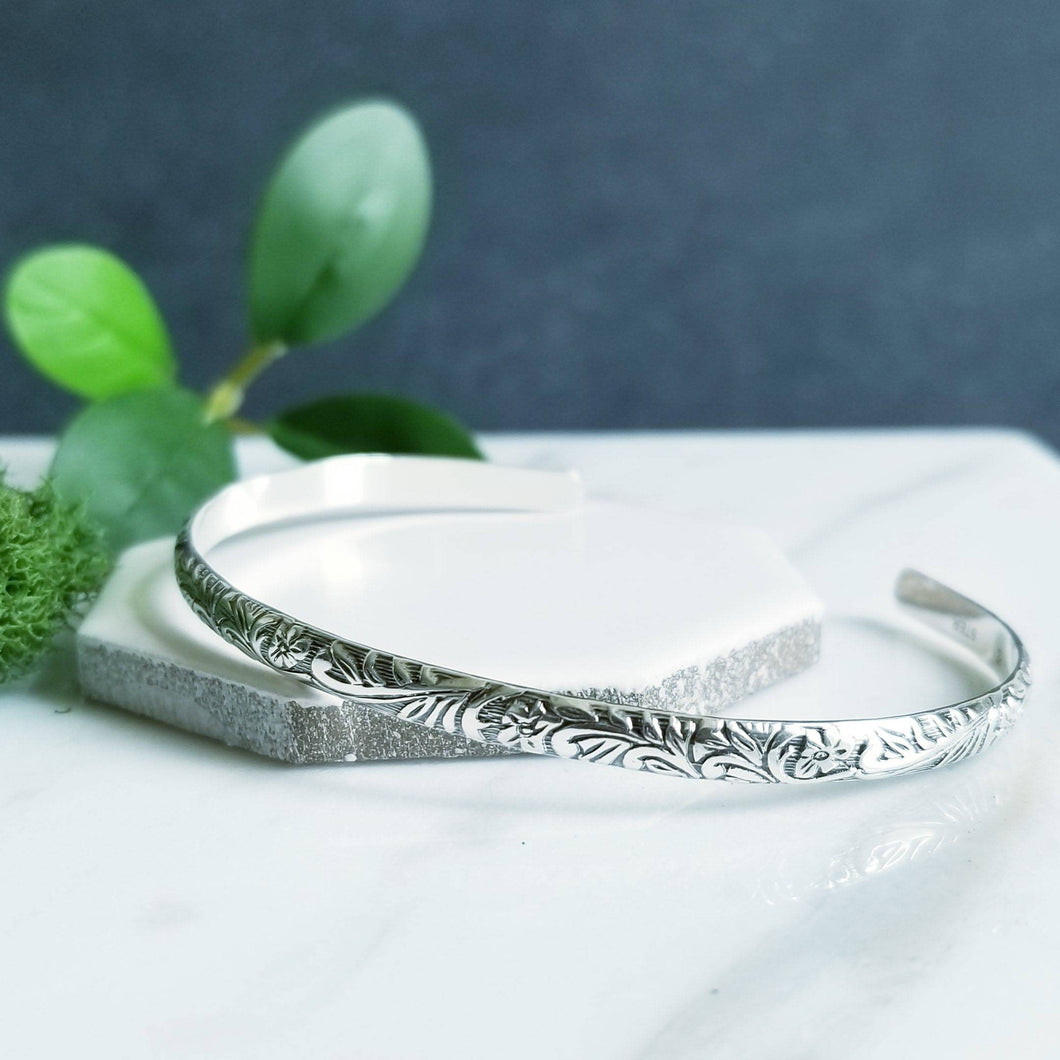 Floral Half Round Sterling Silver Cuff