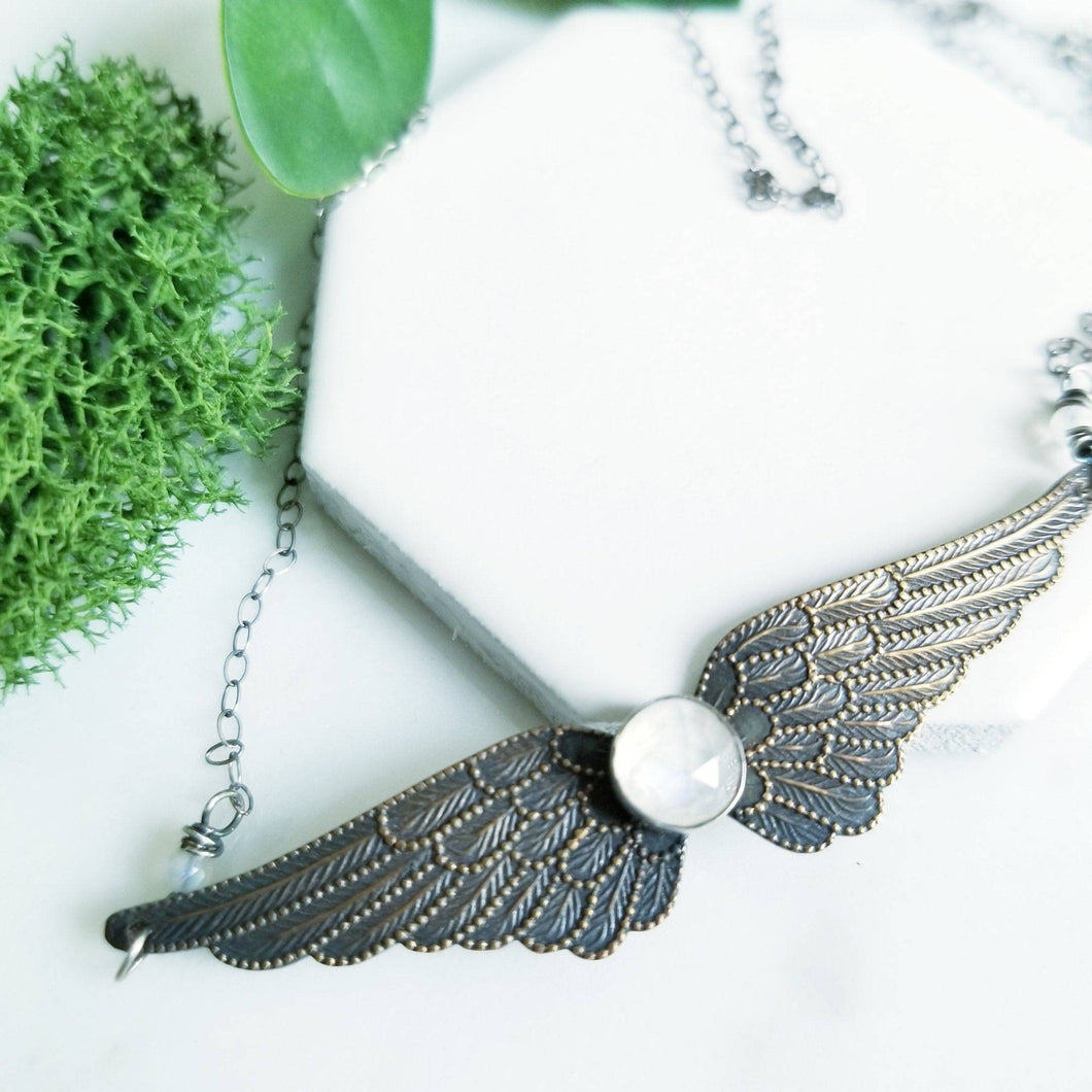 Brass, Sterling Silver, Moonstone Wing Necklace