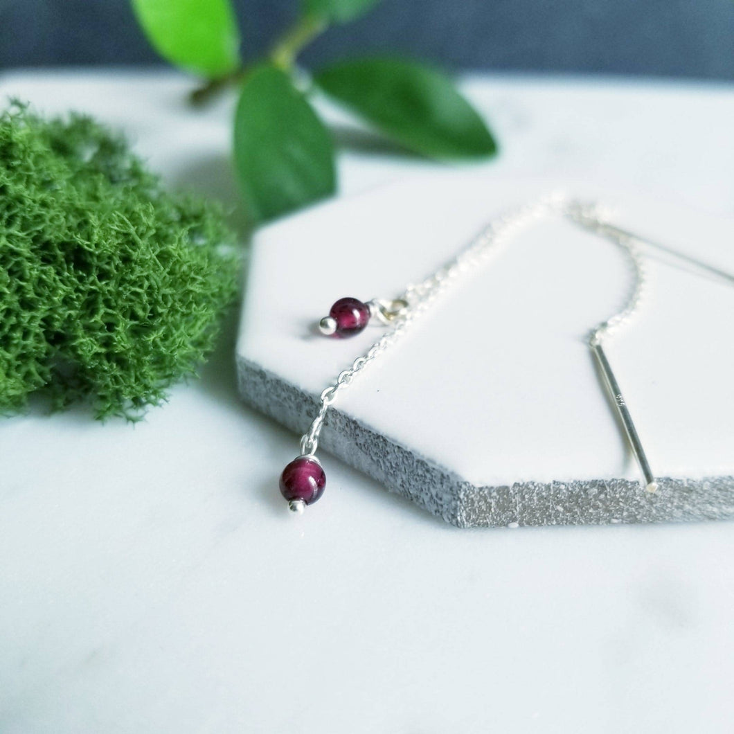 Sterling Silver and Round Garnet Red Threader Earrings