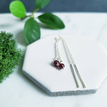 Load image into Gallery viewer, Sterling Silver and Round Garnet Red Threader Earrings
