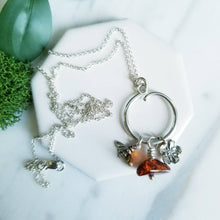 Load image into Gallery viewer, Sterling silver Amber &amp; Bee necklace, silver charms, 16 inches, 18 inches, flower charm,  charm necklace
