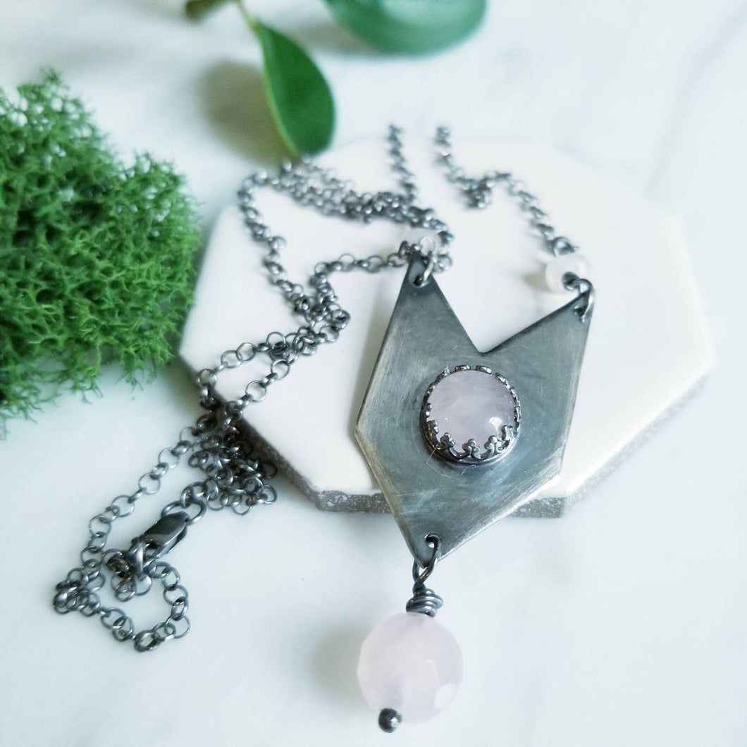 Rose Quartz Chevron Sterling Silver Necklace- Oxidized Silver Rose Quartz