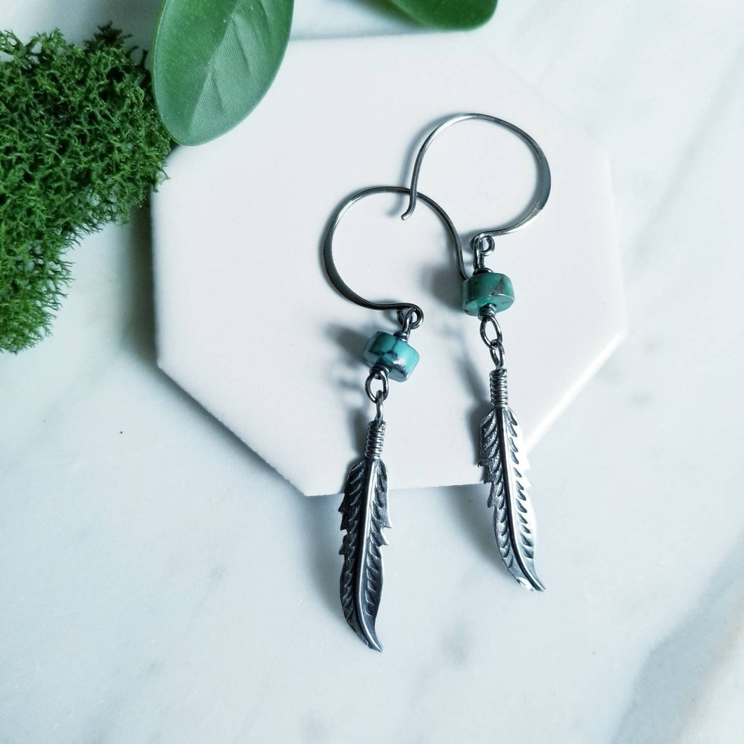 Turquoise and Sterling silver feather drop earrings