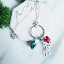 Load image into Gallery viewer, Sterling silver Turquoise, Red Coral and Antler Charm Necklace, silver charms, 16 inches, 18 inches, rustic charms
