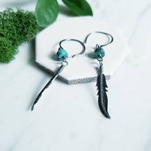 Load image into Gallery viewer, Turquoise and Sterling silver feather drop earrings
