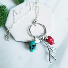 Load image into Gallery viewer, Sterling silver Turquoise, Red Coral and Antler Charm Necklace, silver charms, 16 inches, 18 inches, rustic charms
