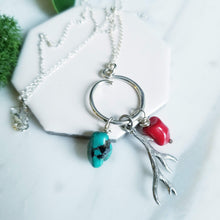 Load image into Gallery viewer, Sterling silver Turquoise, Red Coral and Antler Charm Necklace, silver charms, 16 inches, 18 inches, rustic charms
