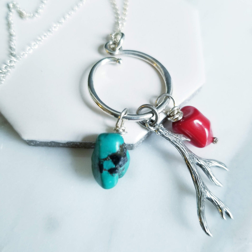 Sterling silver Turquoise, Red Coral and Antler Charm Necklace, silver charms, 16 inches, 18 inches, rustic charms