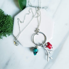 Load image into Gallery viewer, Sterling silver Turquoise, Red Coral and Antler Charm Necklace, silver charms, 16 inches, 18 inches, rustic charms
