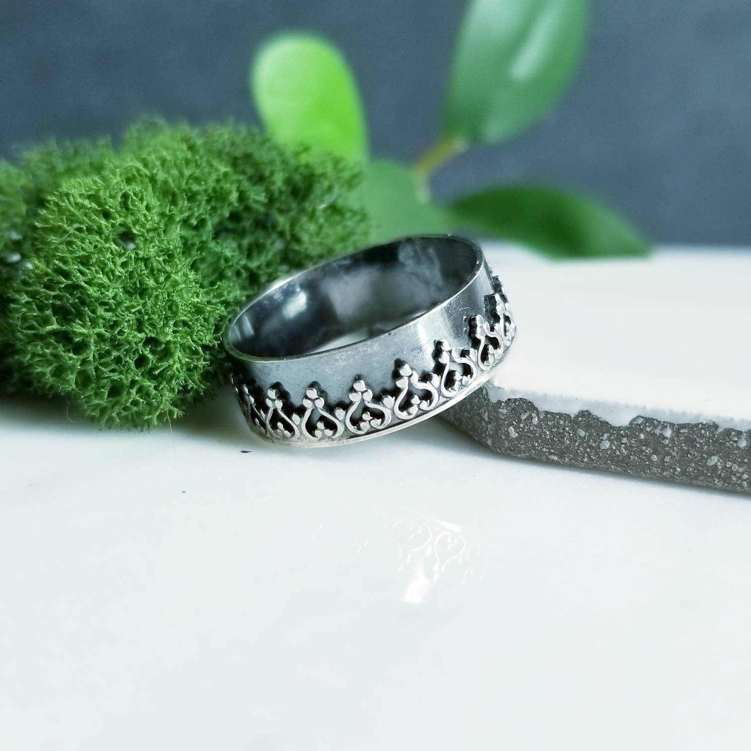 Sterling Silver Crown Gothic Arch Wide Band Ring, Cocktail ring