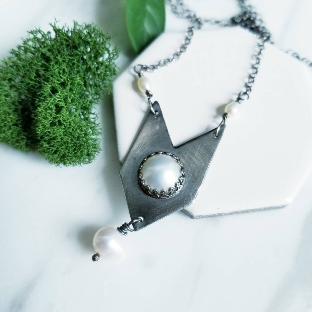 White Pearl Chevron Sterling Silver Necklace