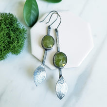 Load image into Gallery viewer, Rosecut Green Vessonite Earrings, Asymmetrical Sterling Silver Stick Earrings
