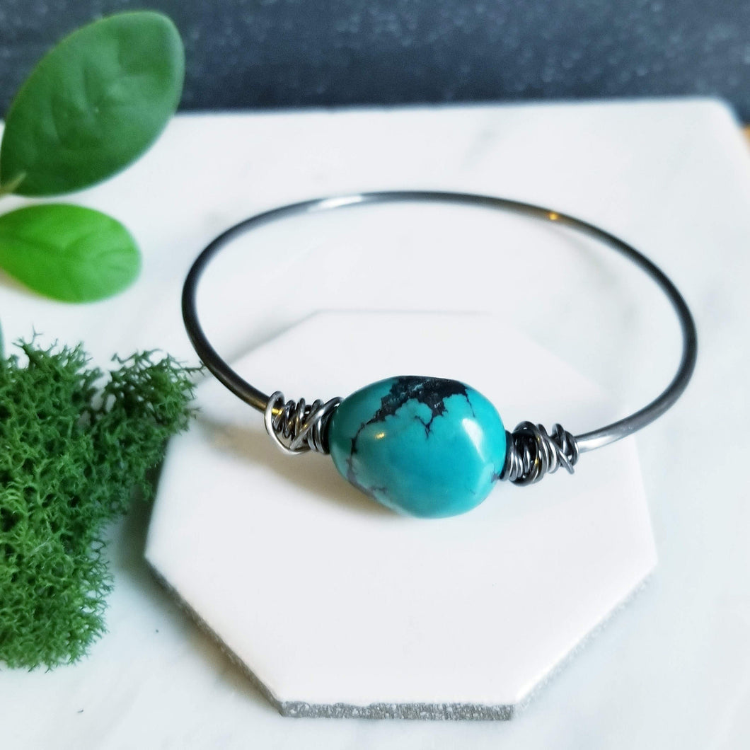 Chunky Turquoise Stone Bangle Sterling Silver