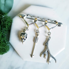 Load image into Gallery viewer, Huntress- Sterling Silver Heart Brooch, Sparrow Bird Skull, Antler, Arrow
