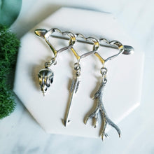 Load image into Gallery viewer, Huntress- Sterling Silver Heart Brooch, Sparrow Bird Skull, Antler, Arrow
