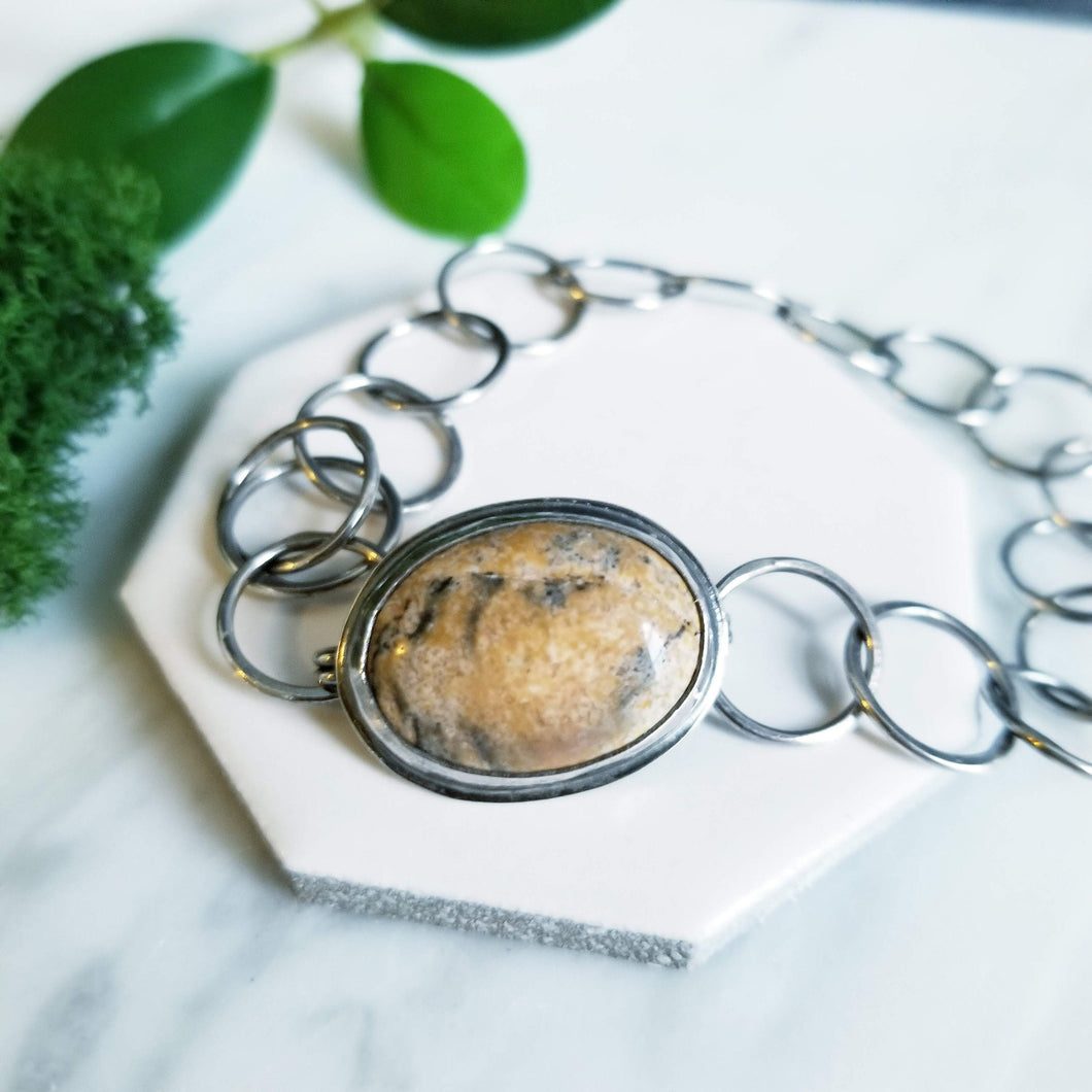 Sterling Silver, Oval Jasper Cabochon, Handmade Link Bracelet