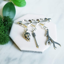 Load image into Gallery viewer, Huntress- Sterling Silver Heart Brooch, Sparrow Bird Skull, Antler, Arrow
