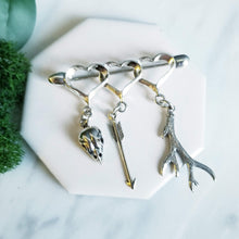 Load image into Gallery viewer, Huntress- Sterling Silver Heart Brooch, Sparrow Bird Skull, Antler, Arrow
