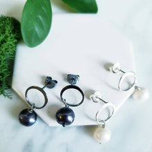 Load image into Gallery viewer, Pearl Sterling Silver Drop Earrings,Circle Post
